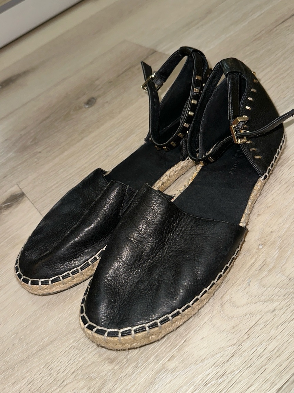 Black Leather Espadrille Flats with Ankle Strap